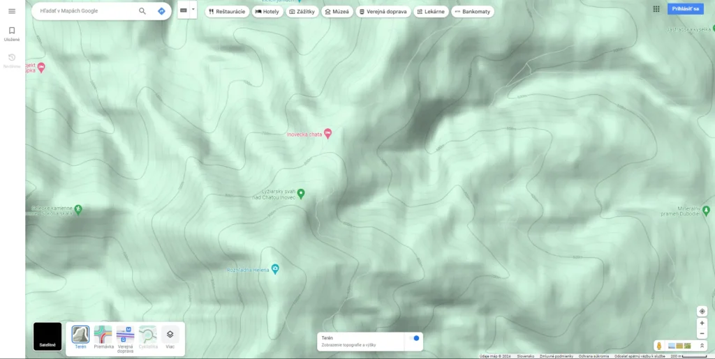 Ako zistiť nadmorskú výšku cez google mapy, nastavenie vrstvy Terén
