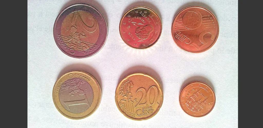 Euro mince, euro, 2 eurá, 20 cent, 10 cent, 5 cent, materiály a z čoho sú vyrobené